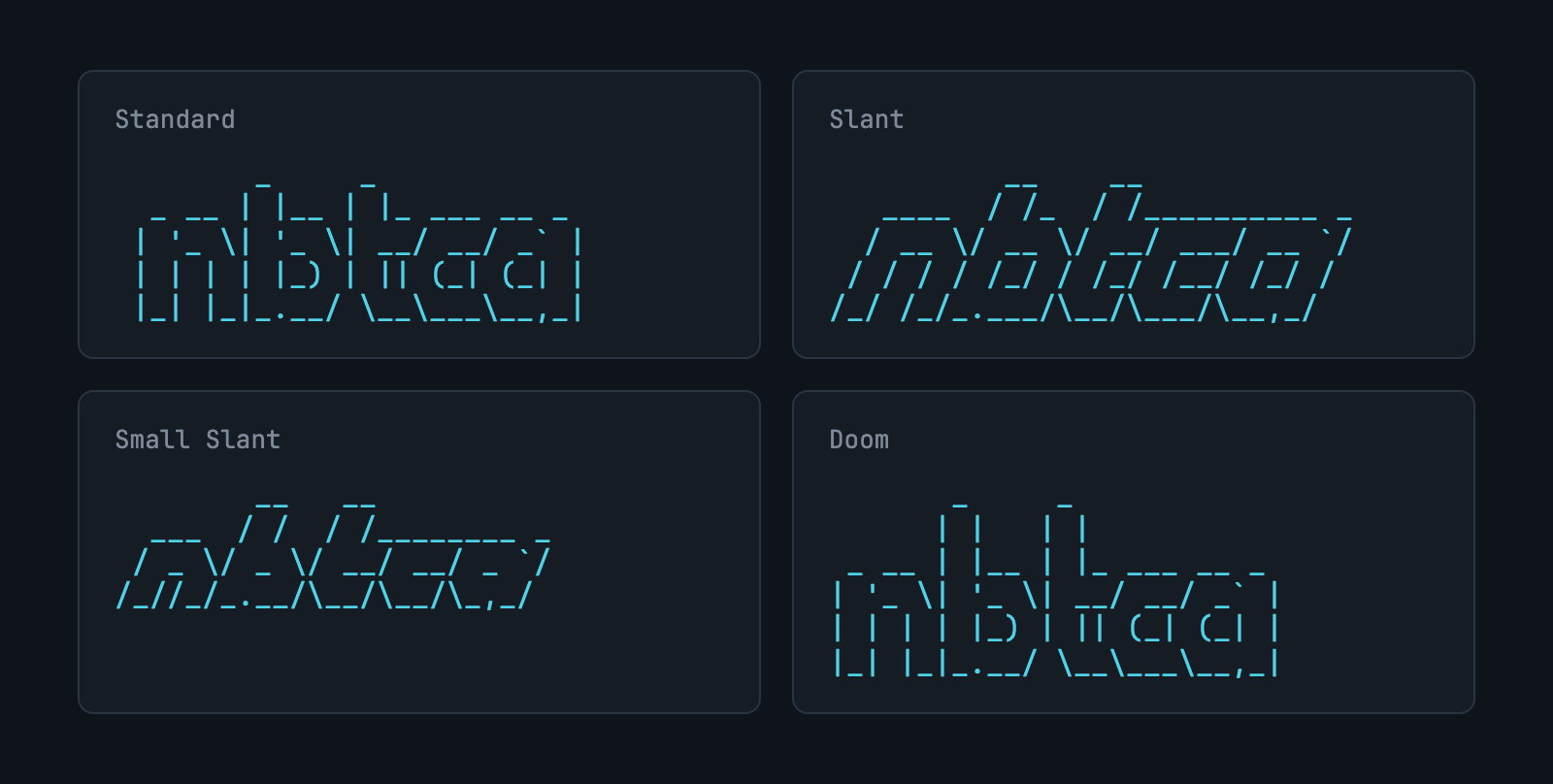 用 FIGlet 的 Standard、Slant、Small Slant 和 Doom 四种字体排出 nbtca。