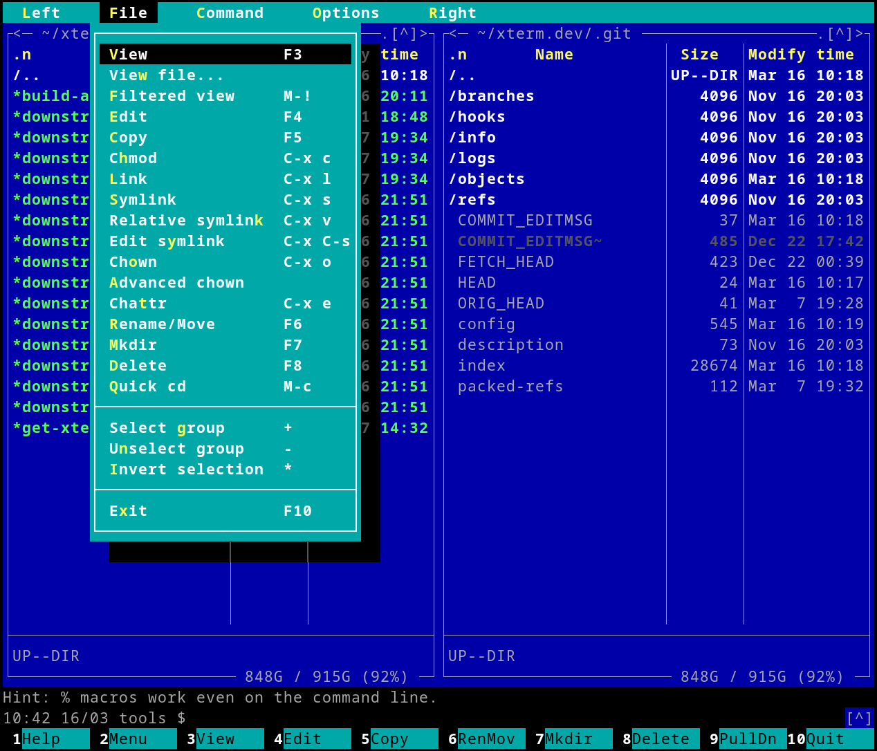 Midnight Commander 官方截图，展示双栏文件列表、打开的 File 菜单和底部功能键提示。