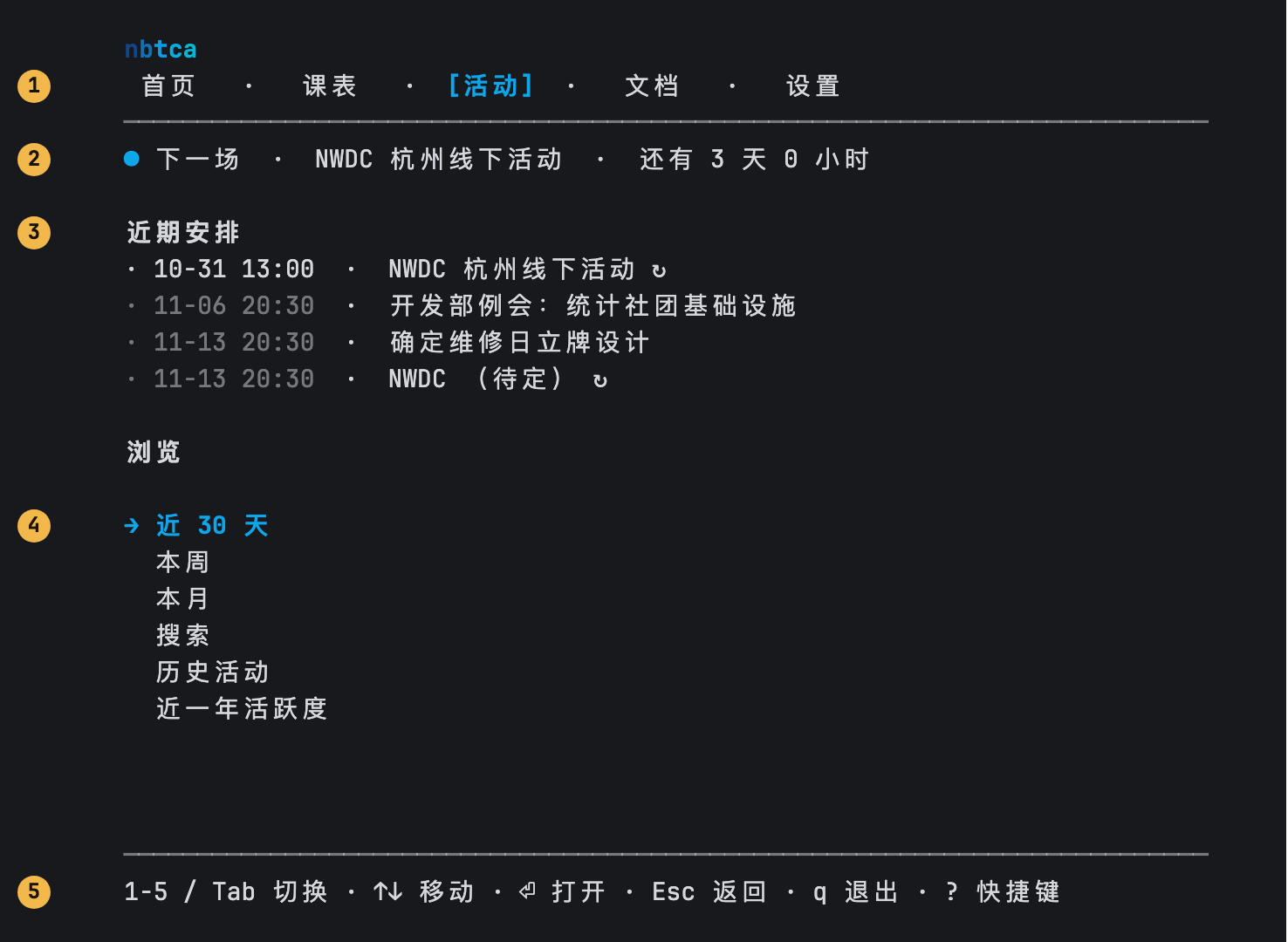 Prompt 活动页，80 × 24。五个编号依次标出标签栏、下一场活动的倒计时、近期安排、浏览菜单和底栏按键提示。