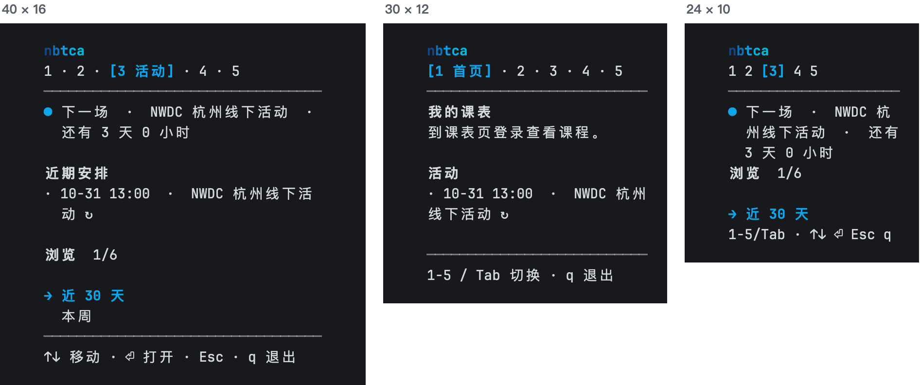 同一个程序在 40 × 16、30 × 12 和 24 × 10 下的样子。标签栏逐步压缩成编号，长标题折行，底栏只保留关键按键；浏览菜单显示“1/6”提示还有更多项。