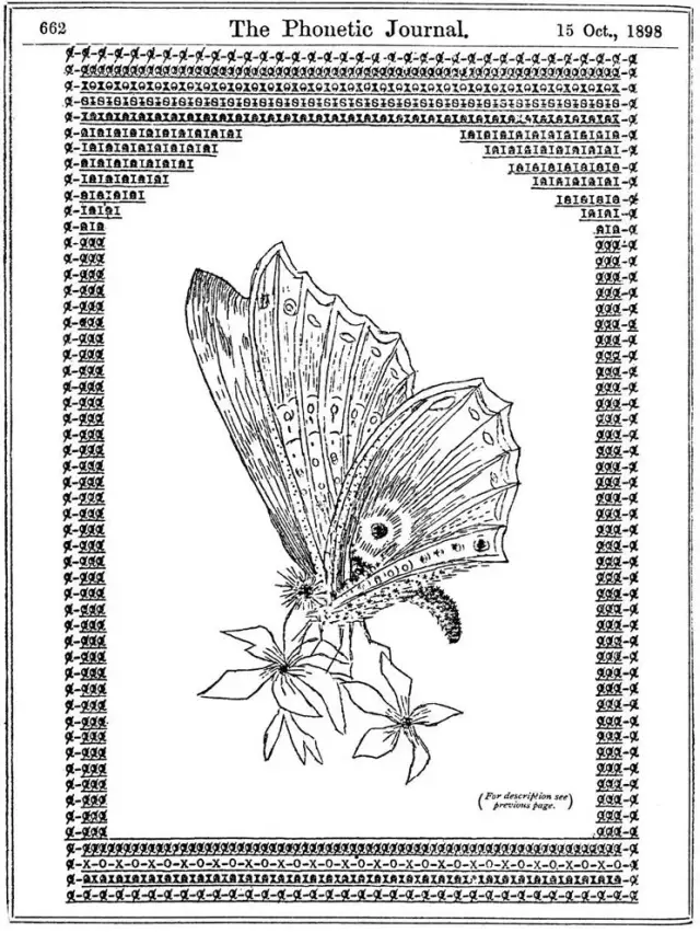 1898 年 10 月 15 日 The Phonetic Journal 第 662 页，刊登 Flora Stacey 的蝴蝶。四周的边框由反复打出的字符组合构成。